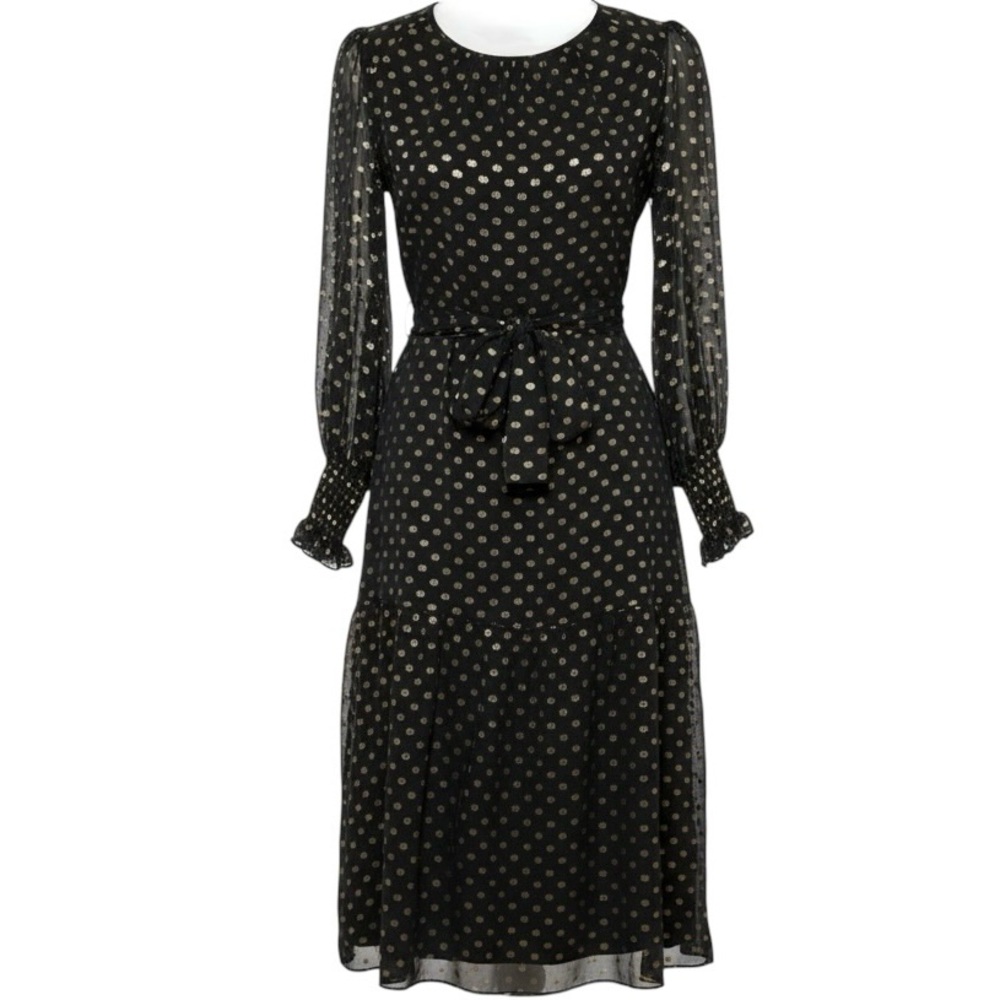 The Fold London Gold‎ Polka Dot Silk Chiffon Belted Midi Dress Black US 4